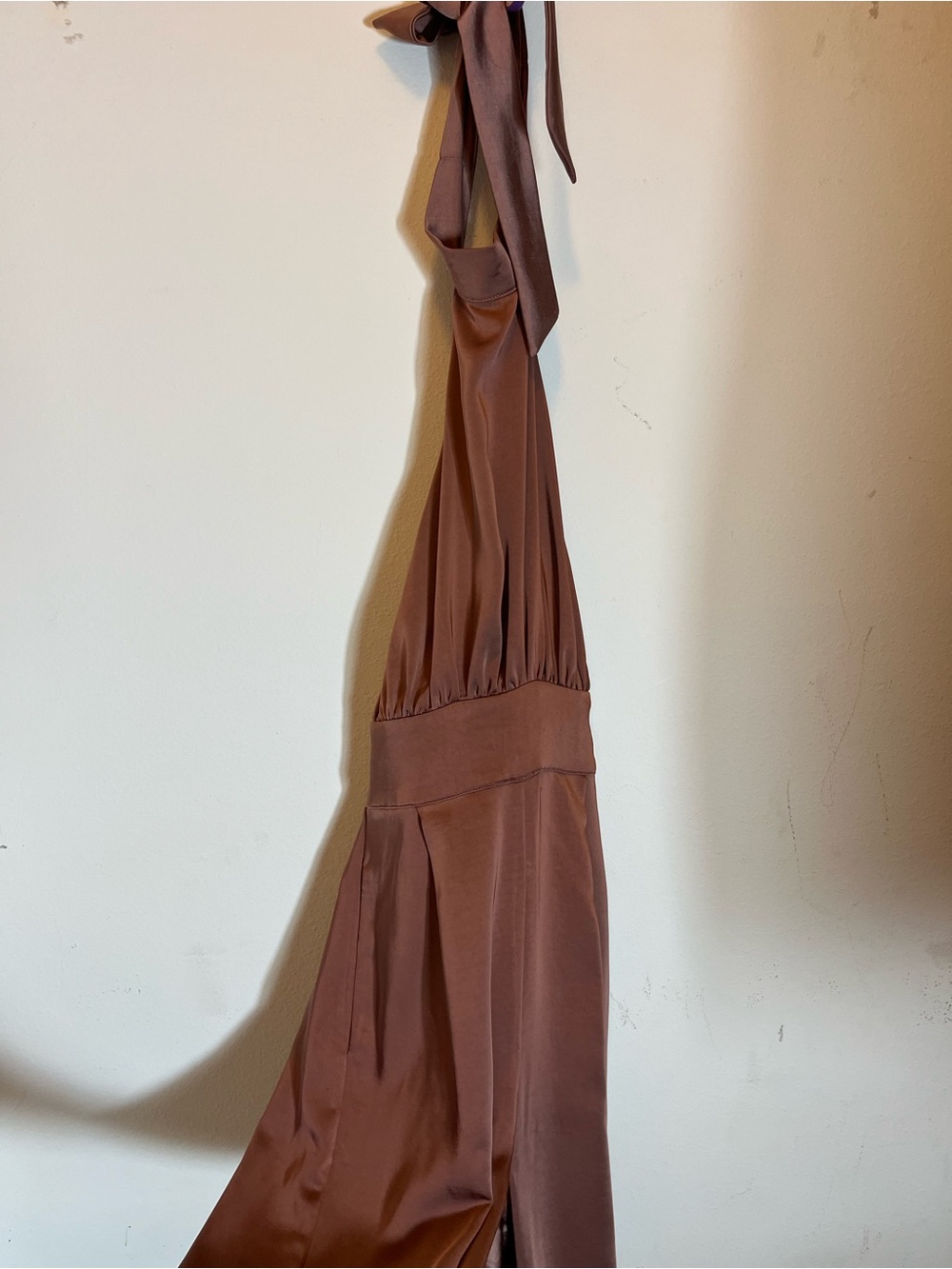 Kittenish halter neck Copper Rust Satin wide leg jumpsuit with open back.